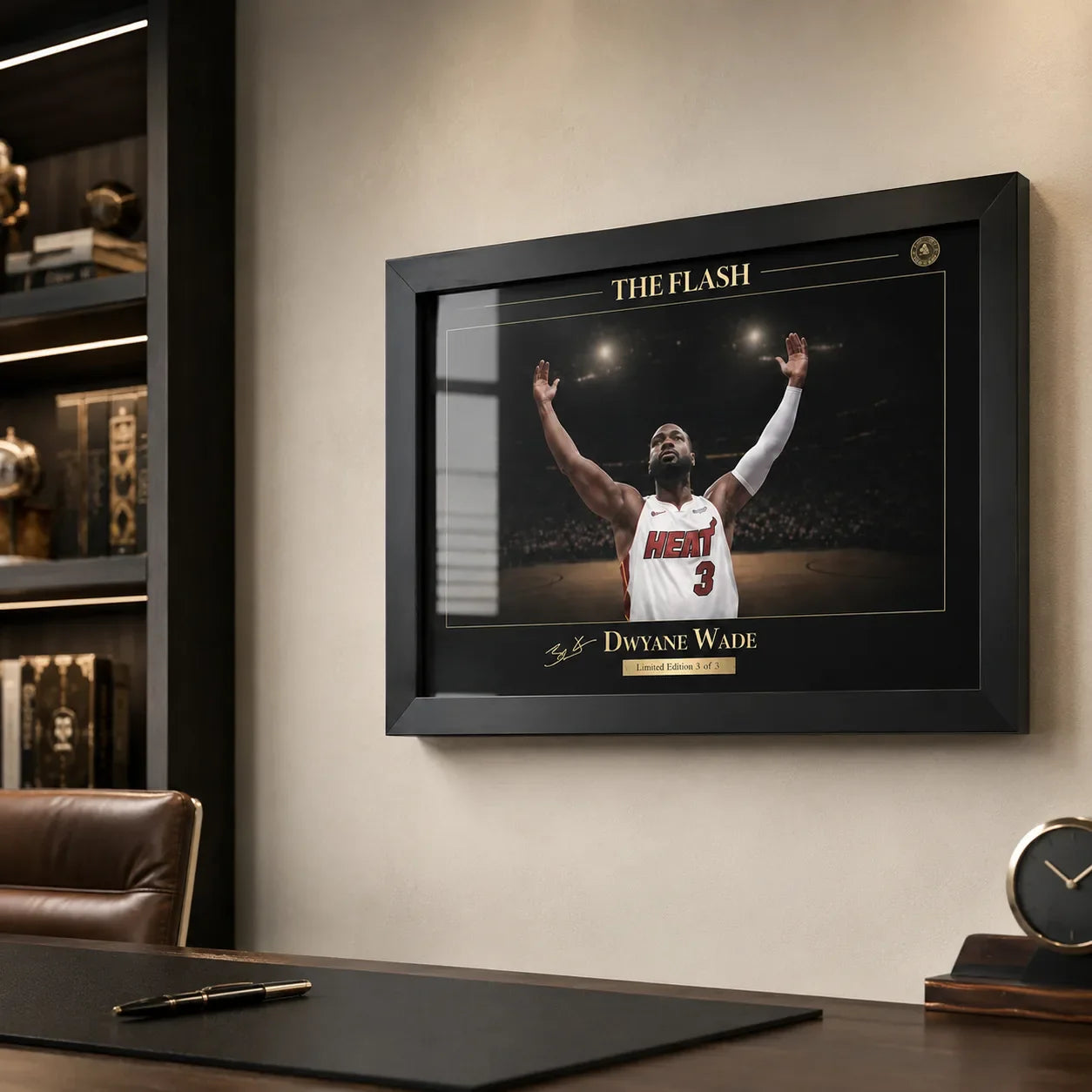 Black framed basketball wall art shown in a refined office with warm shelving and desk details.