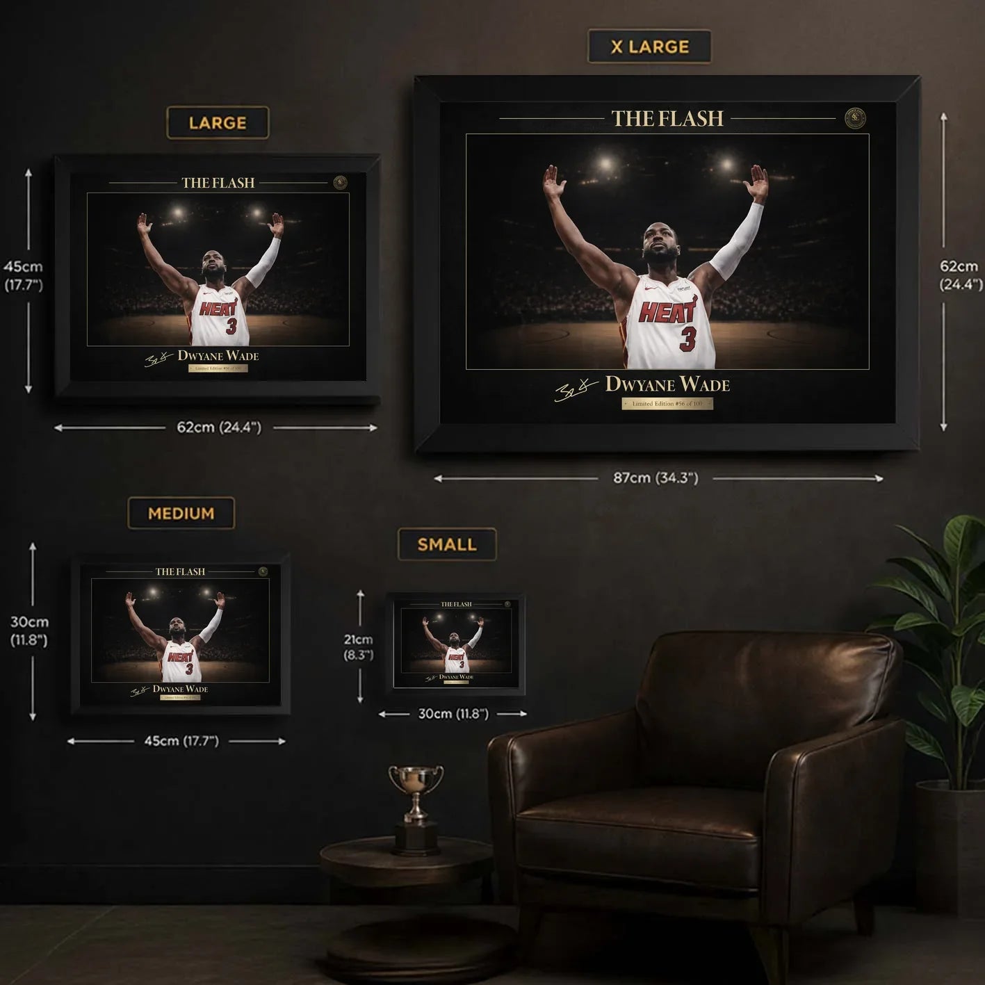 Framed basketball wall art size guide showing small, medium, large and extra large frame options.