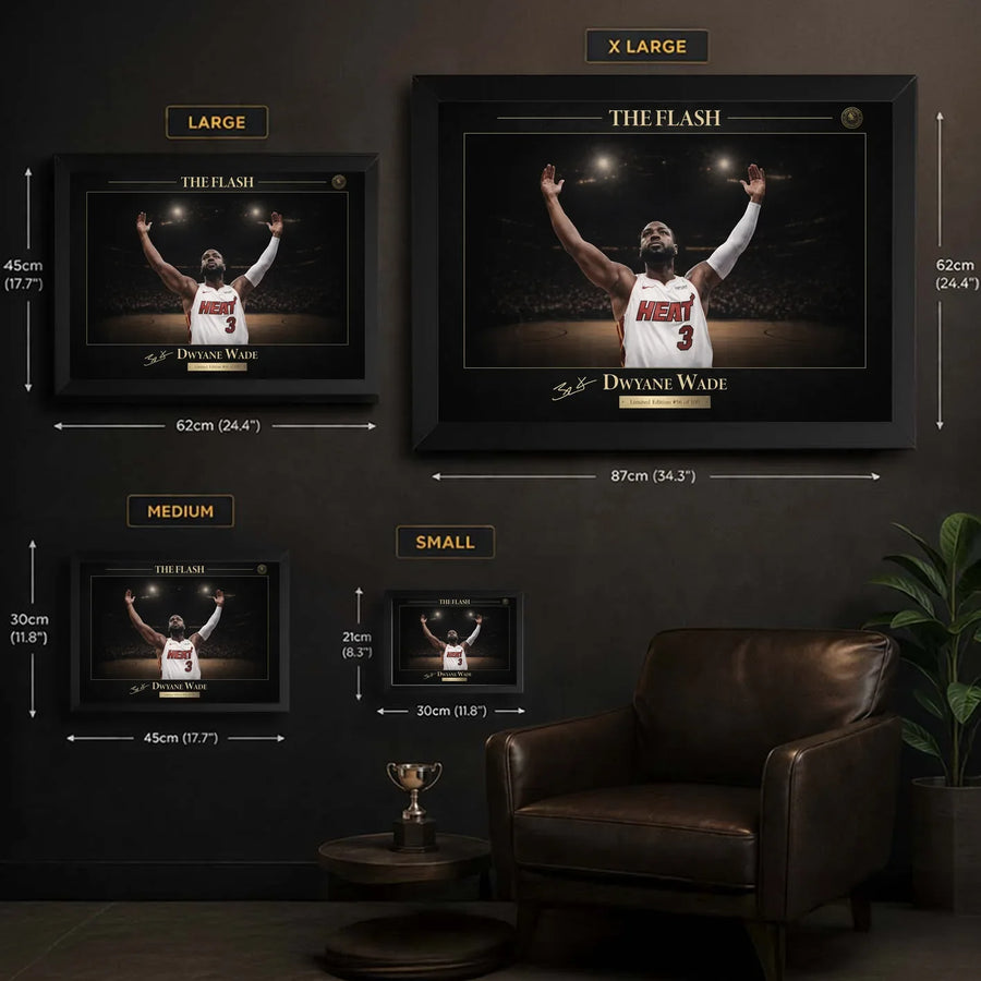 Framed basketball wall art size guide showing small, medium, large and extra large frame options.