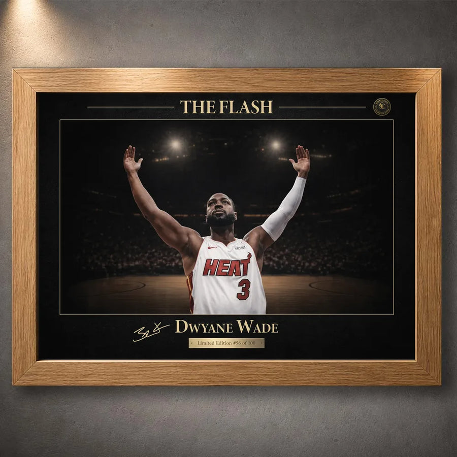 Oak framed basketball wall art with gold typography and dramatic arena lighting.