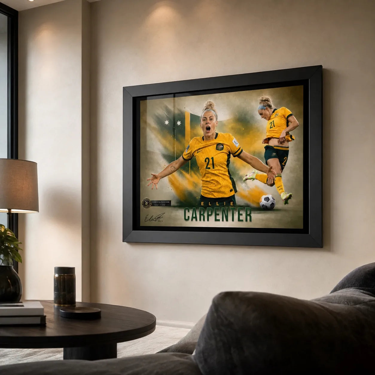 Ellie Carpenter Matildas soccer wall art displayed in a bright modern living room with a black frame.