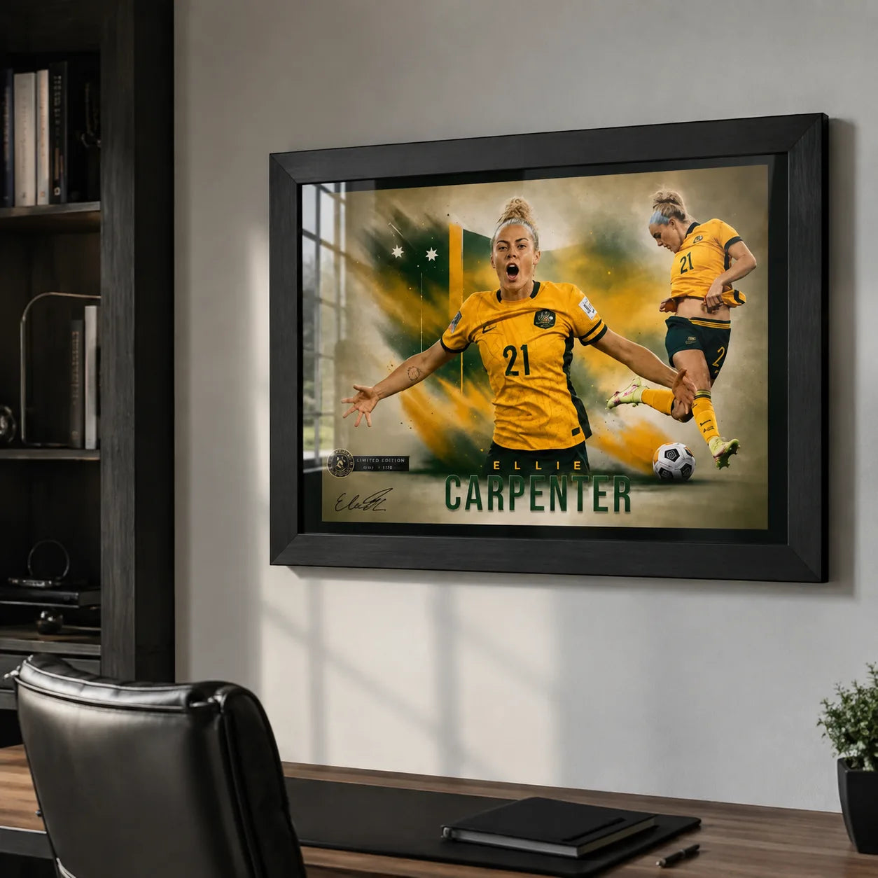 Ellie Carpenter Matildas soccer wall art displayed in a modern office above a timber desk in a black frame.