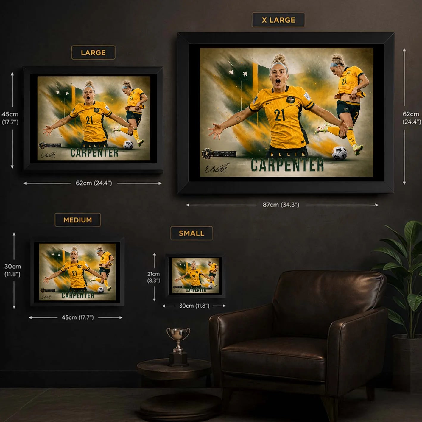 Ellie Carpenter wall art size guide showing Small, Medium, Large and XL framed dimensions in centimetres and inches.