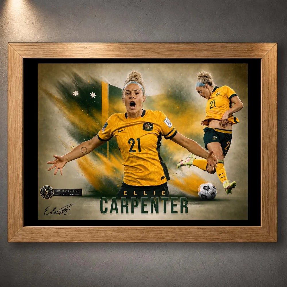 Oak framed Ellie Carpenter Matildas soccer wall art featuring her number 21 celebration and football action.