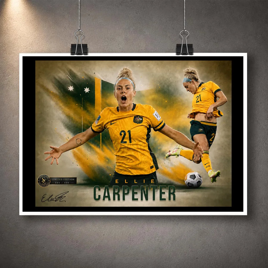 Unframed Ellie Carpenter Matildas soccer wall art print with a white border and hanging clips.