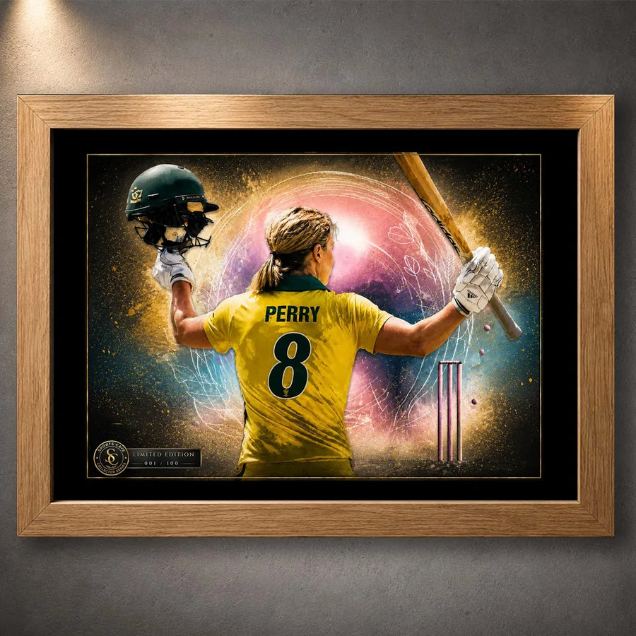 Ellyse Perry cricket wall art in a premium oak frame, created as collectible décor for Australian cricket fans.