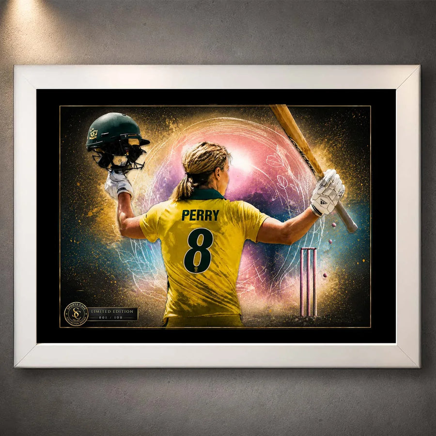 Ellyse Perry cricket wall art in a clean white frame, a premium sports collectible for Australian cricket fans.