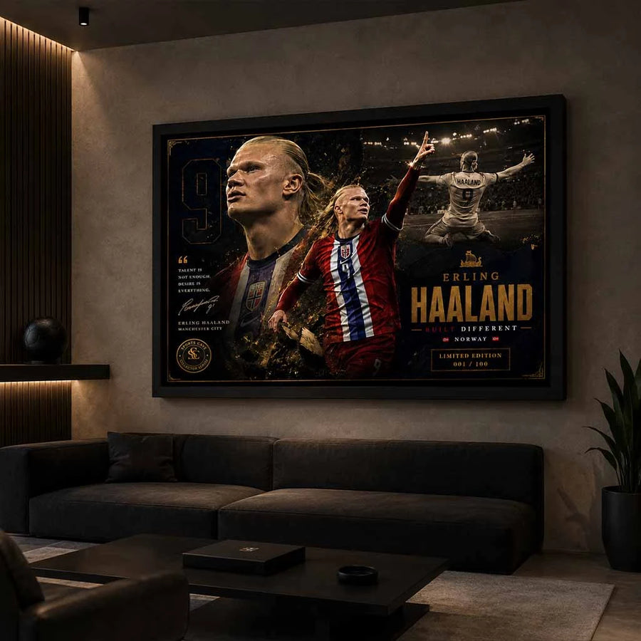 Erling Haaland sports wall art displayed in a luxury man cave wall décor setup with cinematic lighting.