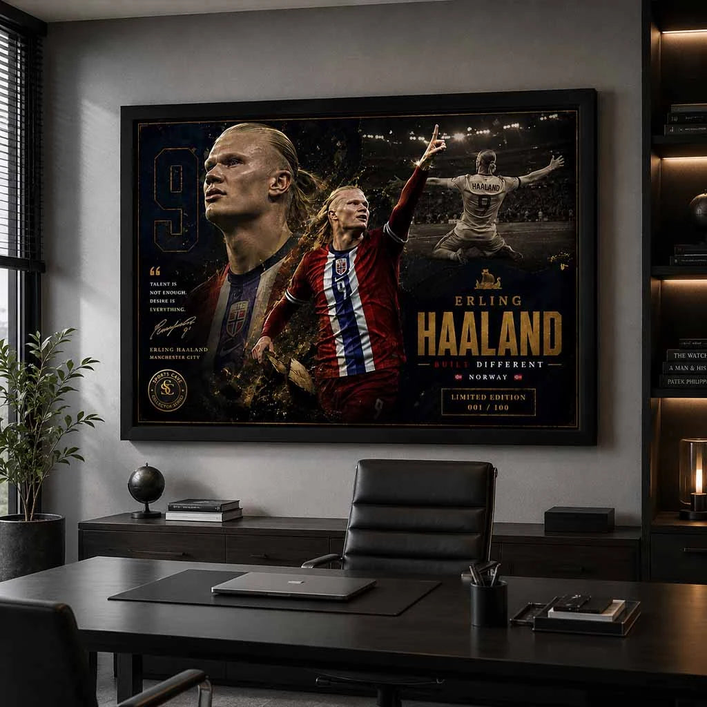 Premium Erling Haaland framed sports art showcased in a modern office with football-inspired interiors.
