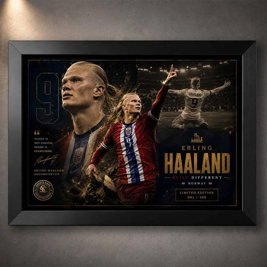 Erling Haaland Manchester City sports wall art in a sleek black frame with bold limited edition styling.
