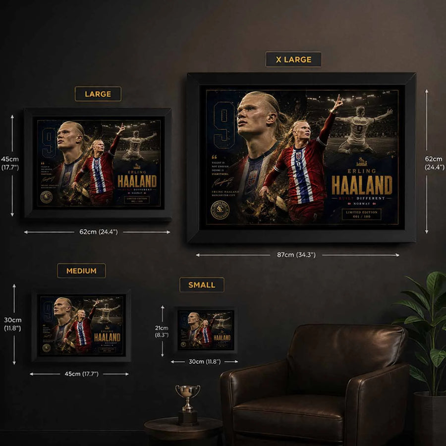 Erling Haaland framed sports memorabilia size guide displaying small to extra large wall art dimensions.