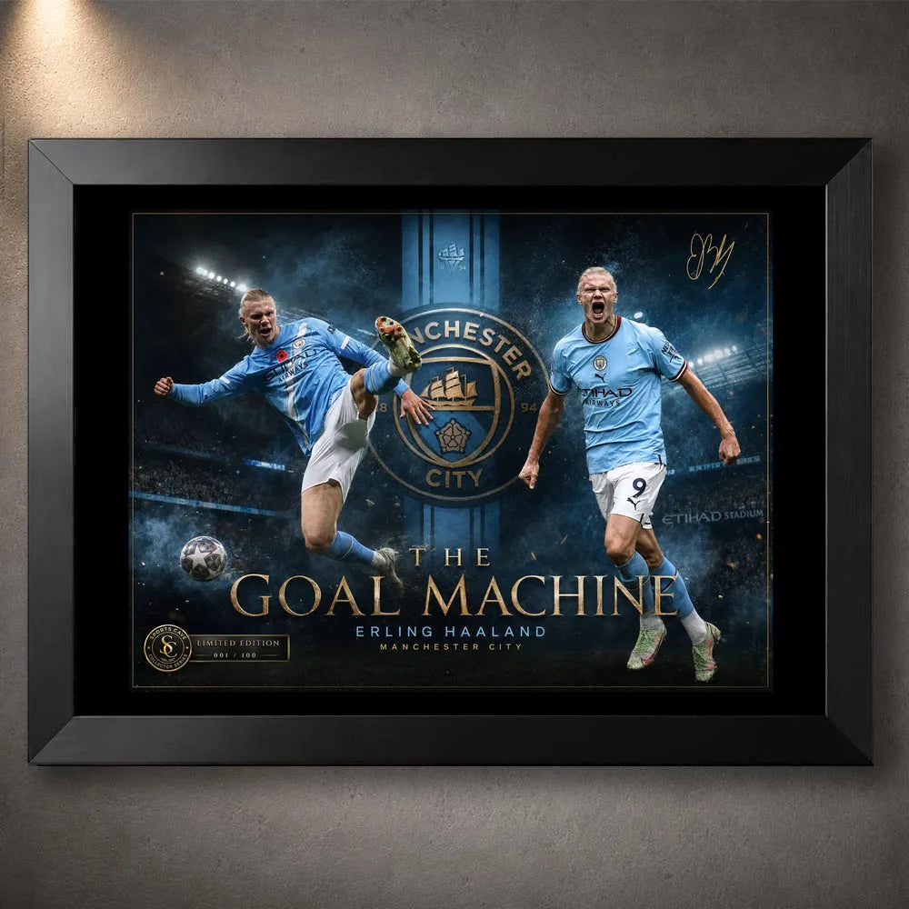 Black framed Erling Haaland Manchester City wall art featuring two action poses and blue stadium graphics.