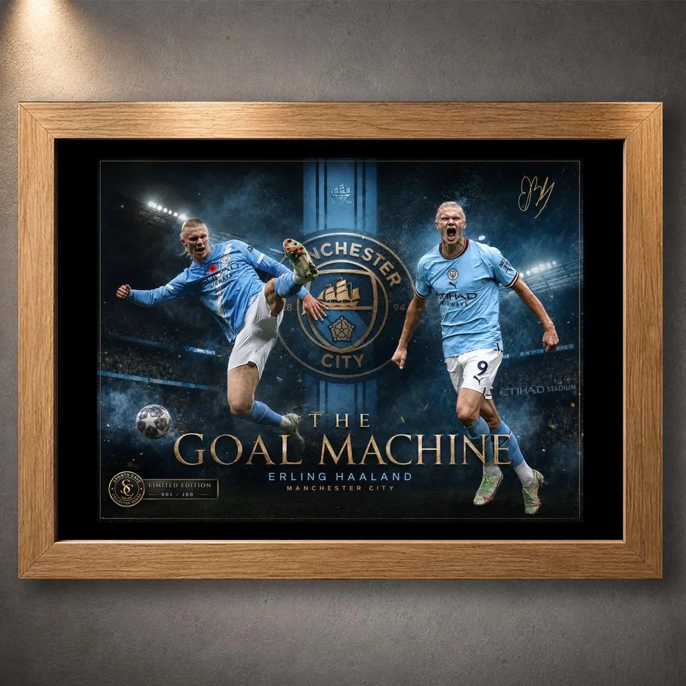 Oak framed Erling Haaland Manchester City wall art featuring The Goal Machine football artwork.
