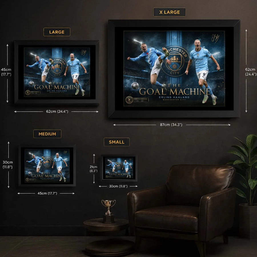 Erling Haaland Manchester City wall art size guide comparing S, M, L and XL framed print dimensions.