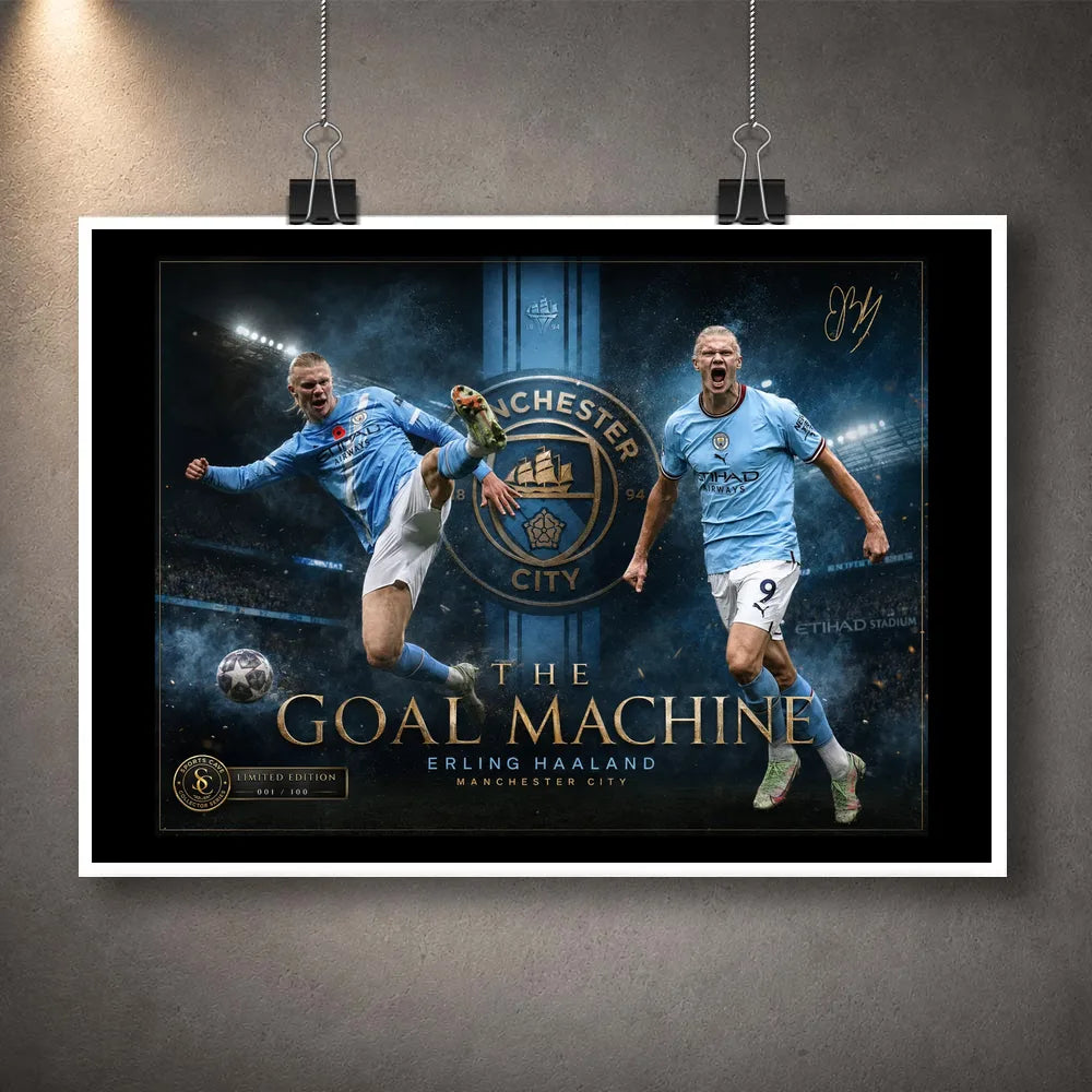 Unframed Erling Haaland Manchester City wall art print clipped against a grey wall display.