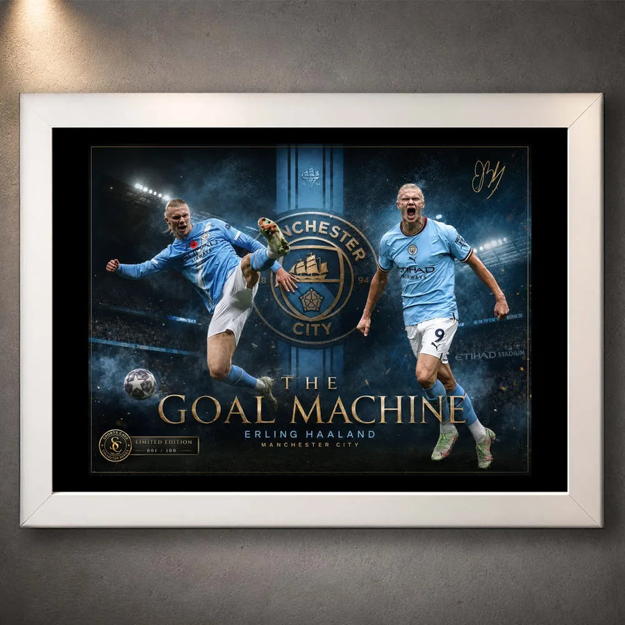 White framed Erling Haaland Manchester City wall art featuring The Goal Machine football artwork.