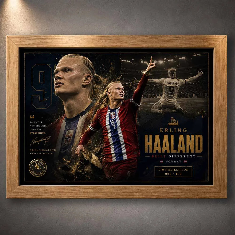 Erling Haaland premium sports collectibles artwork showcased in an elegant oak wood frame design.