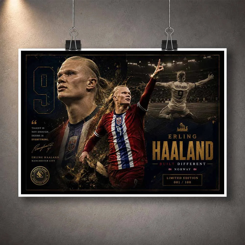Unframed Erling Haaland limited edition sports prints featuring dramatic Norway football artwork and gold accents.
