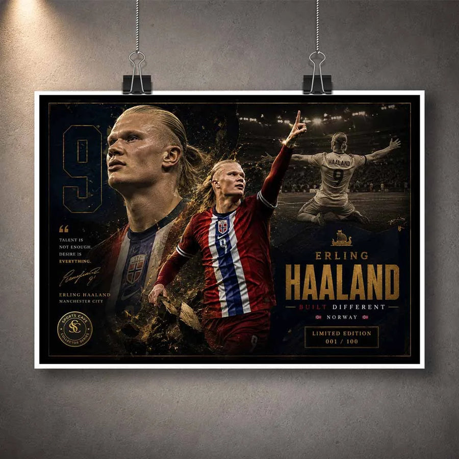 Unframed Erling Haaland limited edition sports prints featuring dramatic Norway football artwork and gold accents.