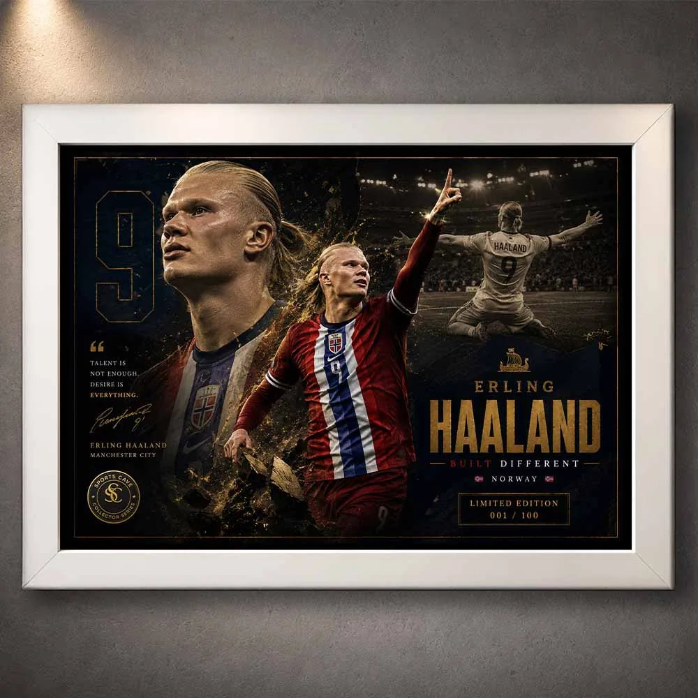 Erling Haaland Manchester City framed sports art in a white frame celebrating Norway’s elite football striker.