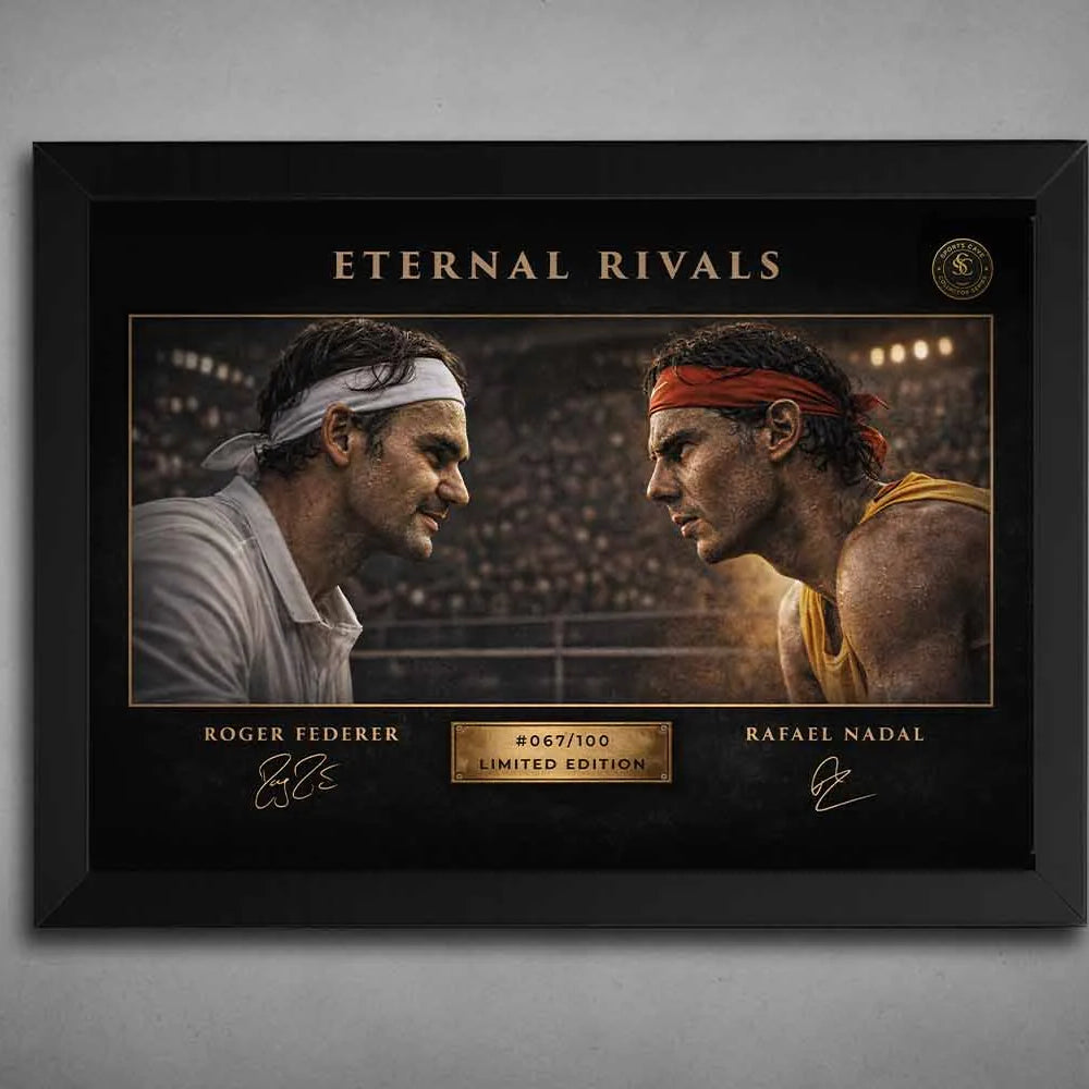 Black framed Eternal Rivals Federer vs Nadal tennis artwork shown head-to-head, premium finish designed as framed sports art.