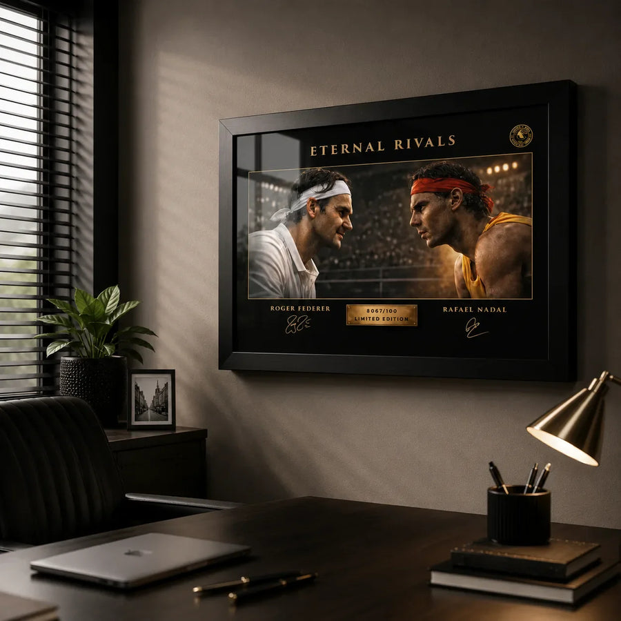 Federer vs Nadal tennis artwork in a premium office setting, refined framed sports memorabilia for collectors.