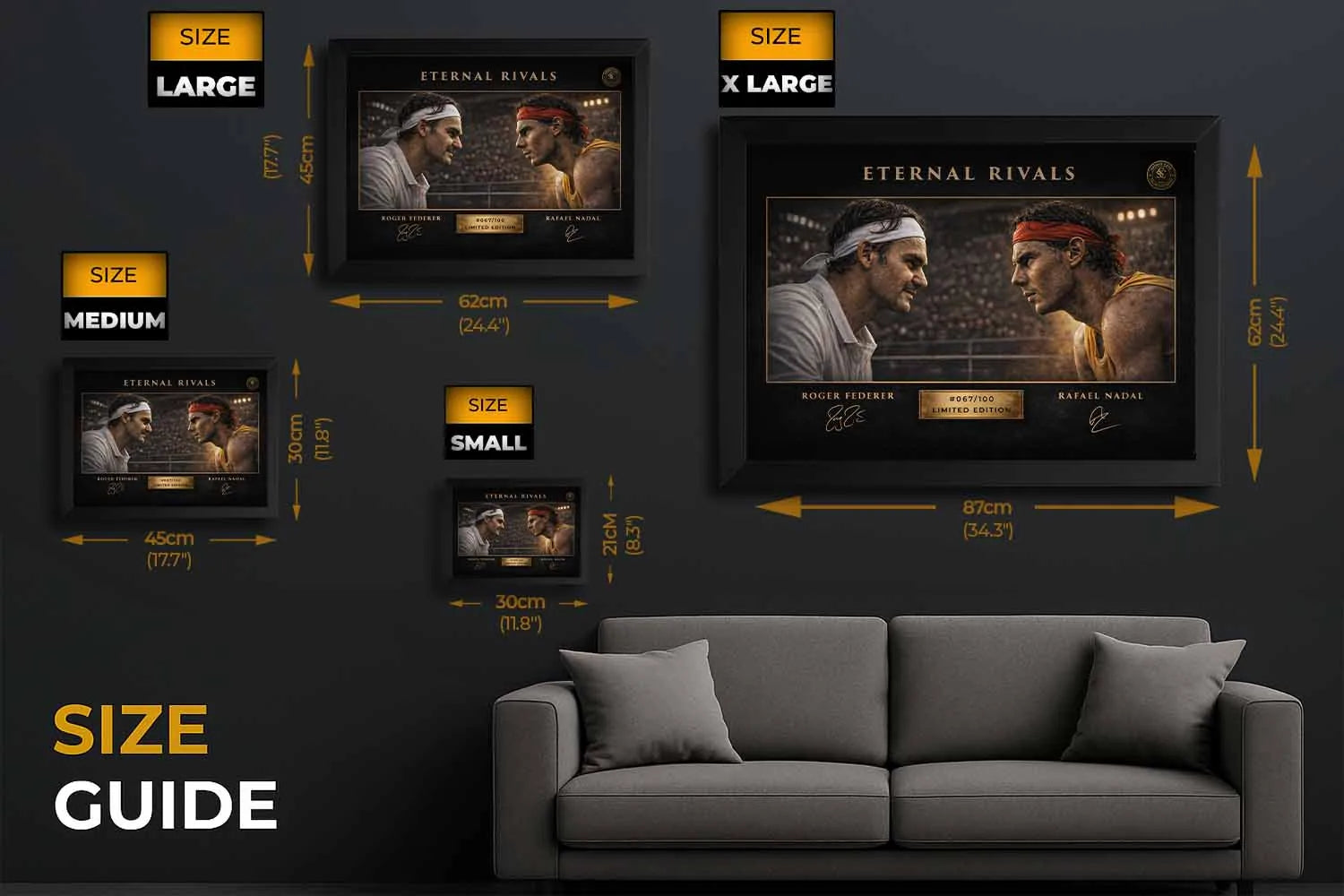 Size guide showing Eternal Rivals Federer vs Nadal tennis artwork dimensions across multiple formats for sports art prints.