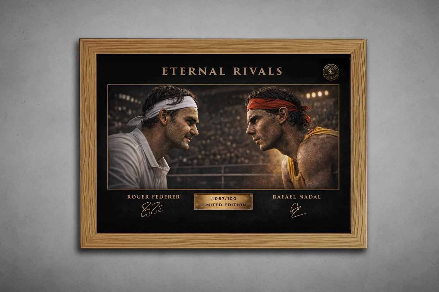 Oak framed Eternal Rivals Federer vs Nadal tennis print with warm wood tone, presented as refined sports wall art.
