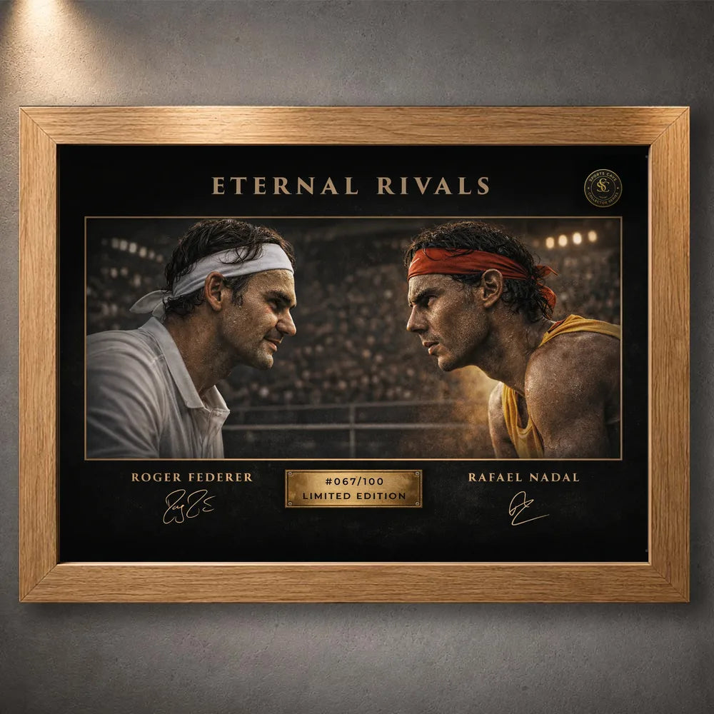 Oak framed Federer vs Nadal Eternal Rivals tennis print, a warm framed sports art option for collectors.