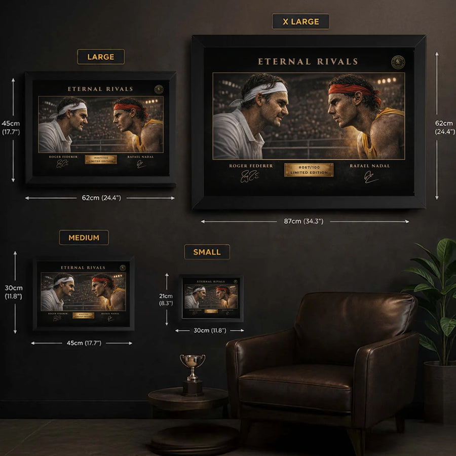 Federer vs Nadal tennis wall art size guide showing framed sports art options from small to extra large.