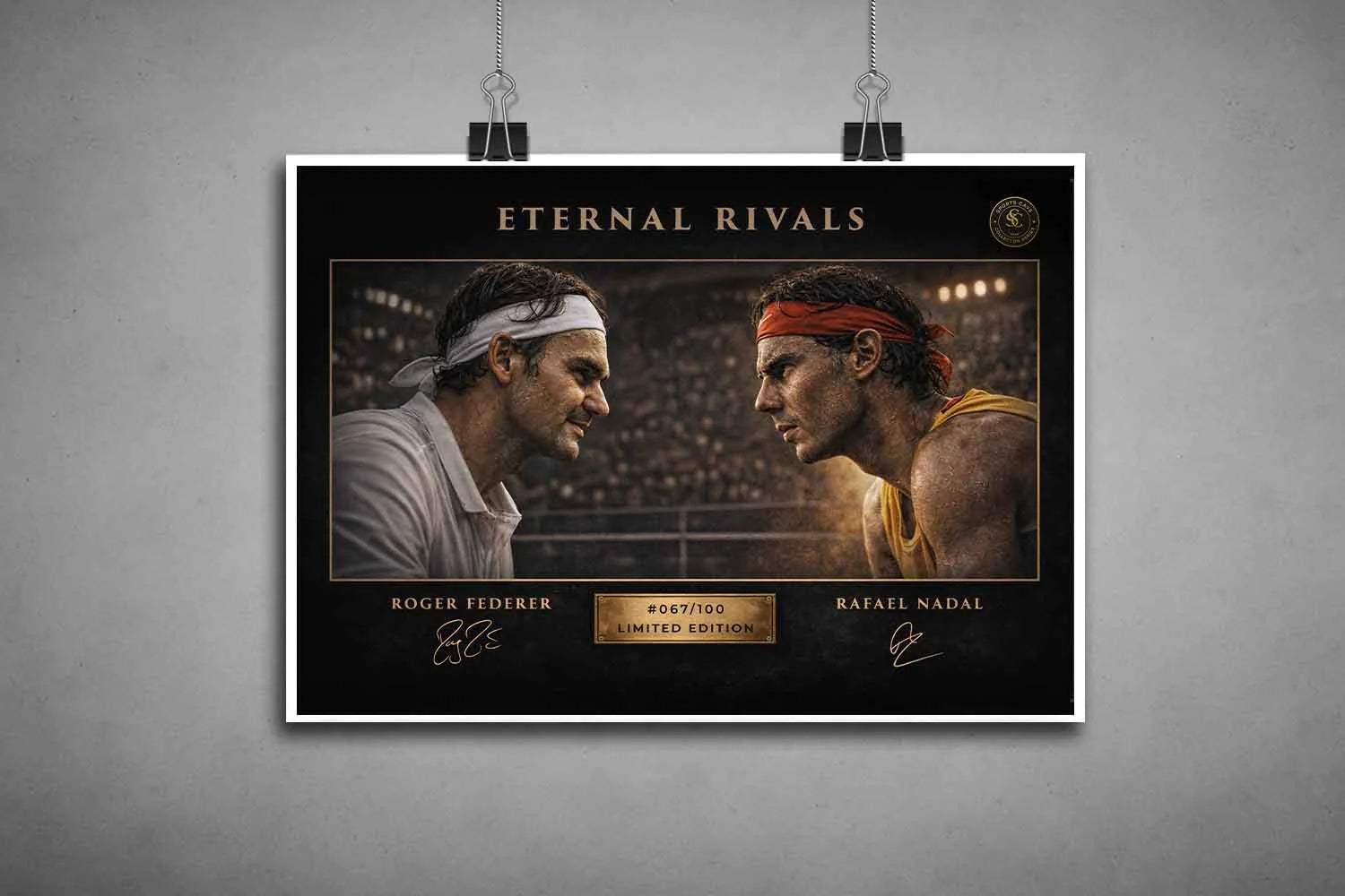 Unframed Eternal Rivals Federer vs Nadal tennis art print highlighting the rivalry in a collectible limited edition sports prints format.