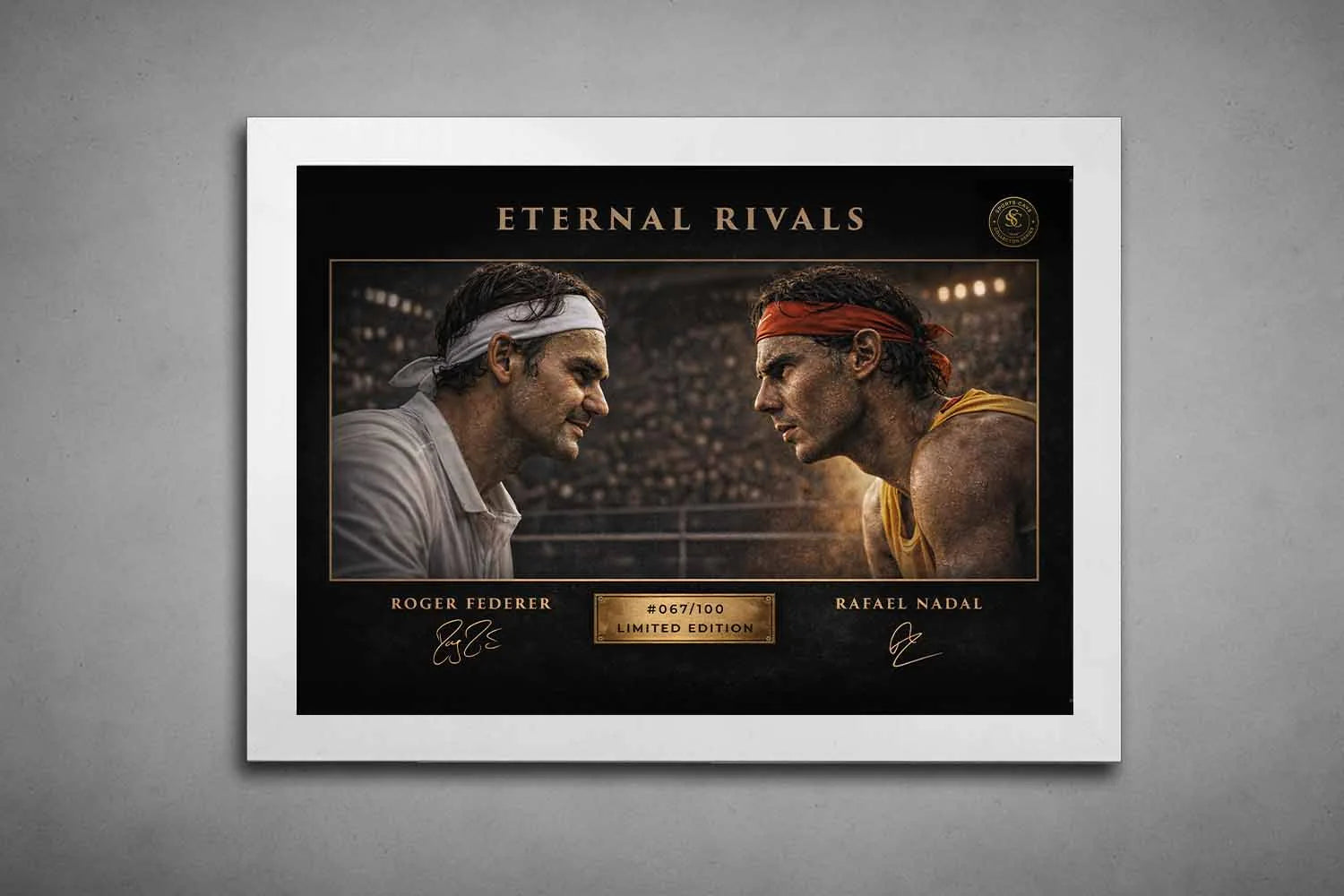 White framed Eternal Rivals Federer vs Nadal tennis artwork with clean contrast, ideal for modern framed sports memorabilia.