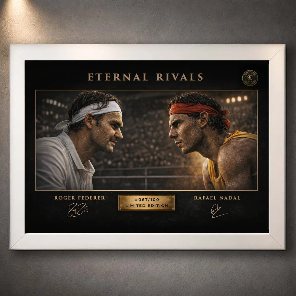 White framed Federer vs Nadal Eternal Rivals tennis artwork, clean sports wall art for modern collector spaces.