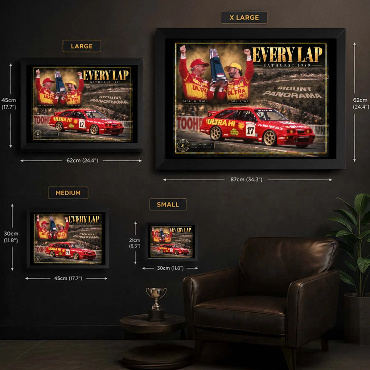 Dick Johnson and John Bowe Every Lap wall art size guide showing Small, Medium, Large and XL framed dimensions.