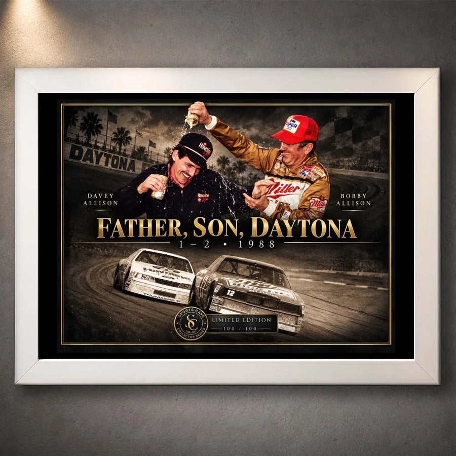 White framed Bobby and Davey Allison motorsport wall art featuring the Father, Son, Daytona design.