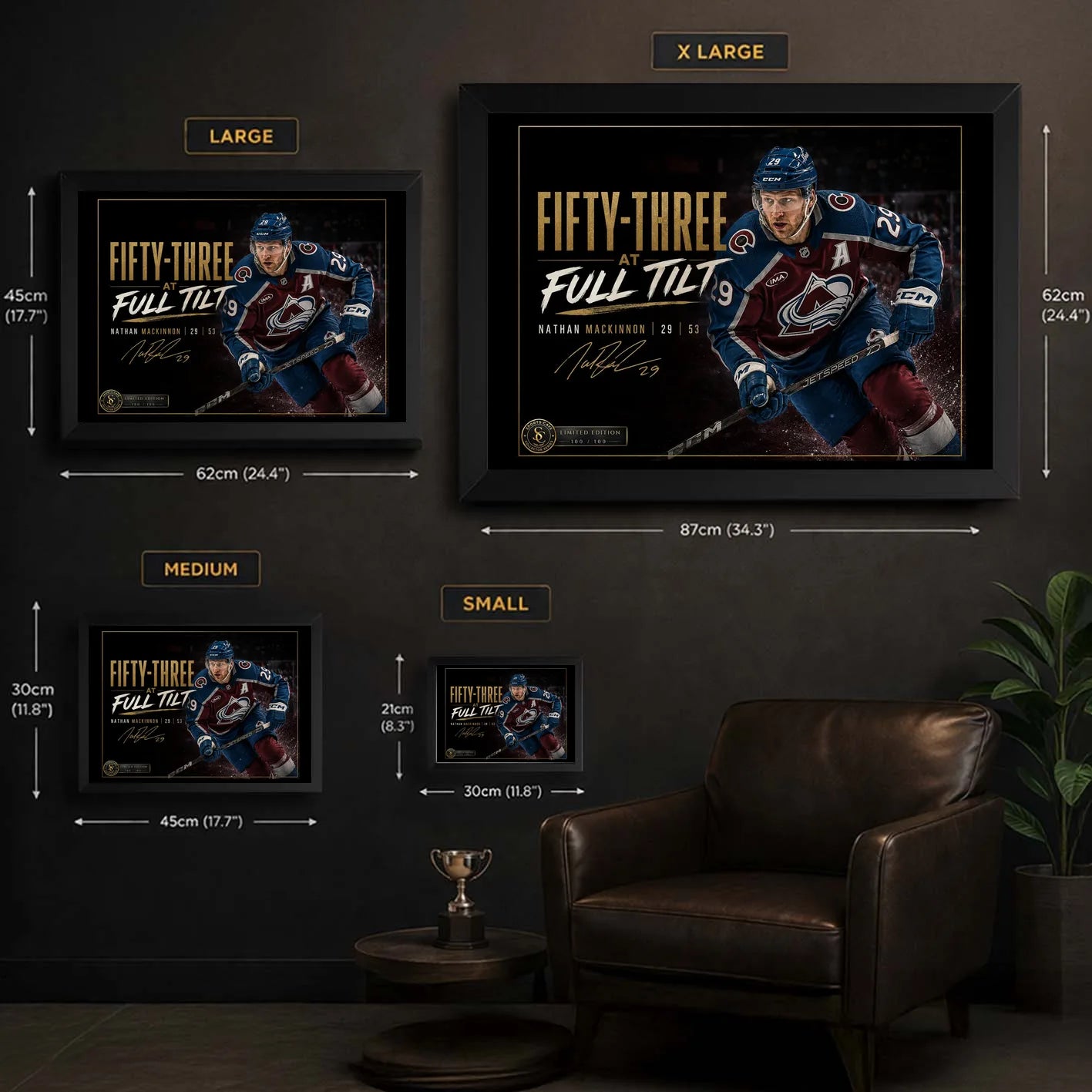 Nathan MacKinnon wall art size guide showing Small, Medium, Large and XL framed dimensions in centimetres and inches.