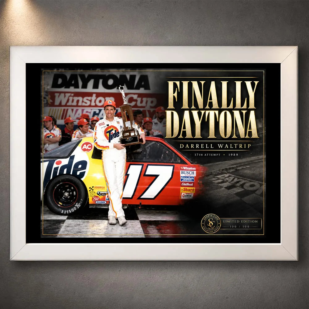 White framed Darrell Waltrip NASCAR wall art featuring the Finally Daytona tribute and No. 17 Tide race car.