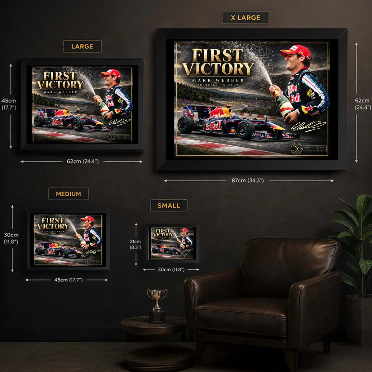 Mark Webber First Victory wall art size guide showing the four available framed dimensions from Small through Extra Large.
