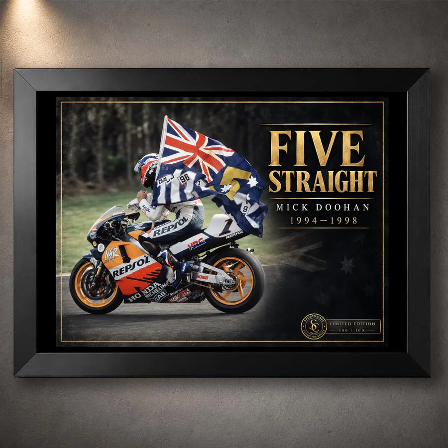 Black framed Mick Doohan Five Straight motorsport wall art featuring the Australian flag and Repsol Honda racing tribute.