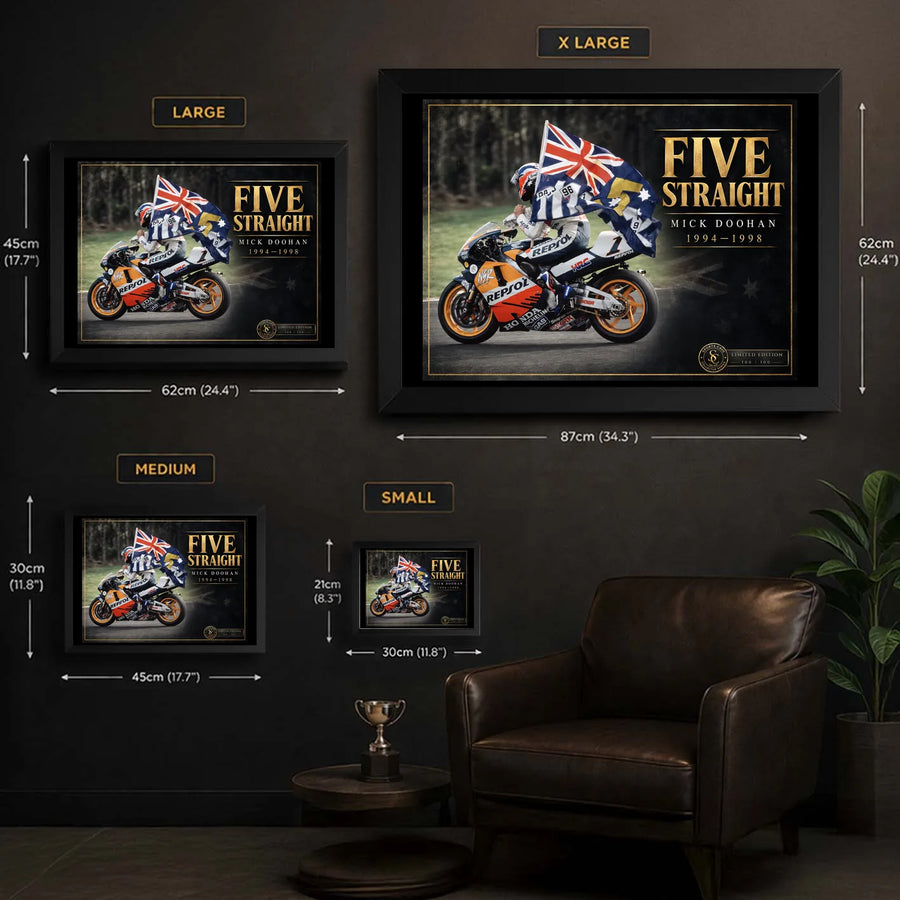 Mick Doohan Five Straight wall art size guide showing Small, Medium, Large and X Large framed dimensions.