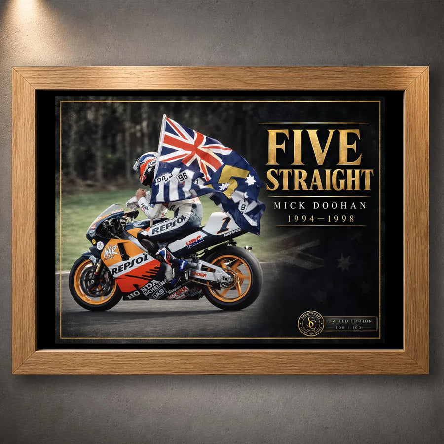 Oak framed Mick Doohan Five Straight motorsport wall art featuring the Australian flag and Repsol Honda tribute.