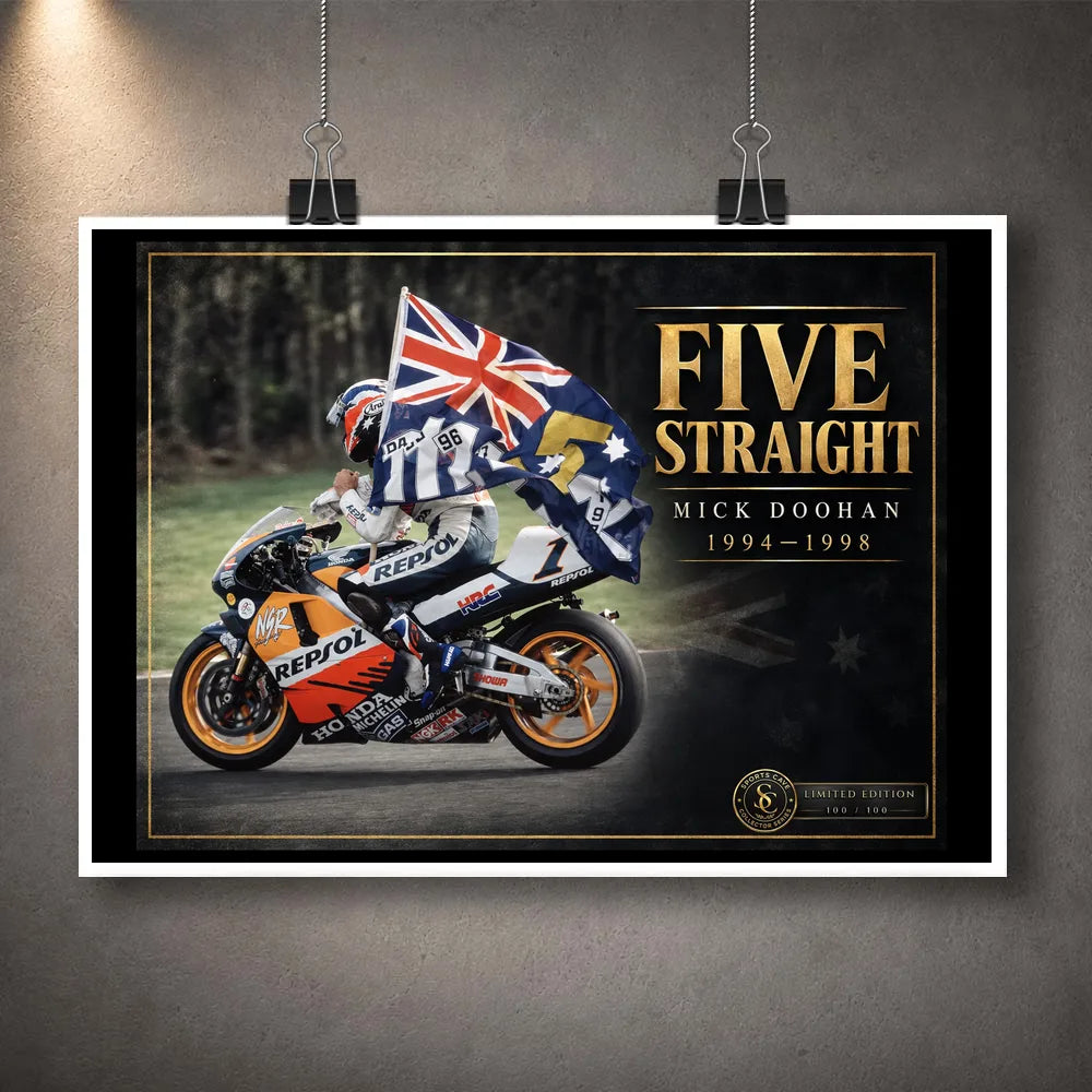 Unframed Mick Doohan Five Straight motorsport wall art design featuring the Australian flag and Repsol Honda racing tribute.