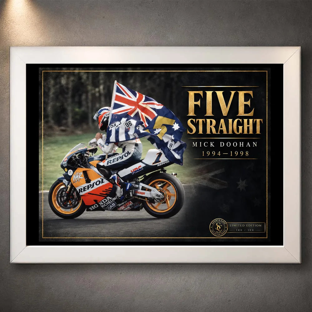White framed Mick Doohan Five Straight motorsport wall art featuring the Australian flag and Repsol Honda tribute.