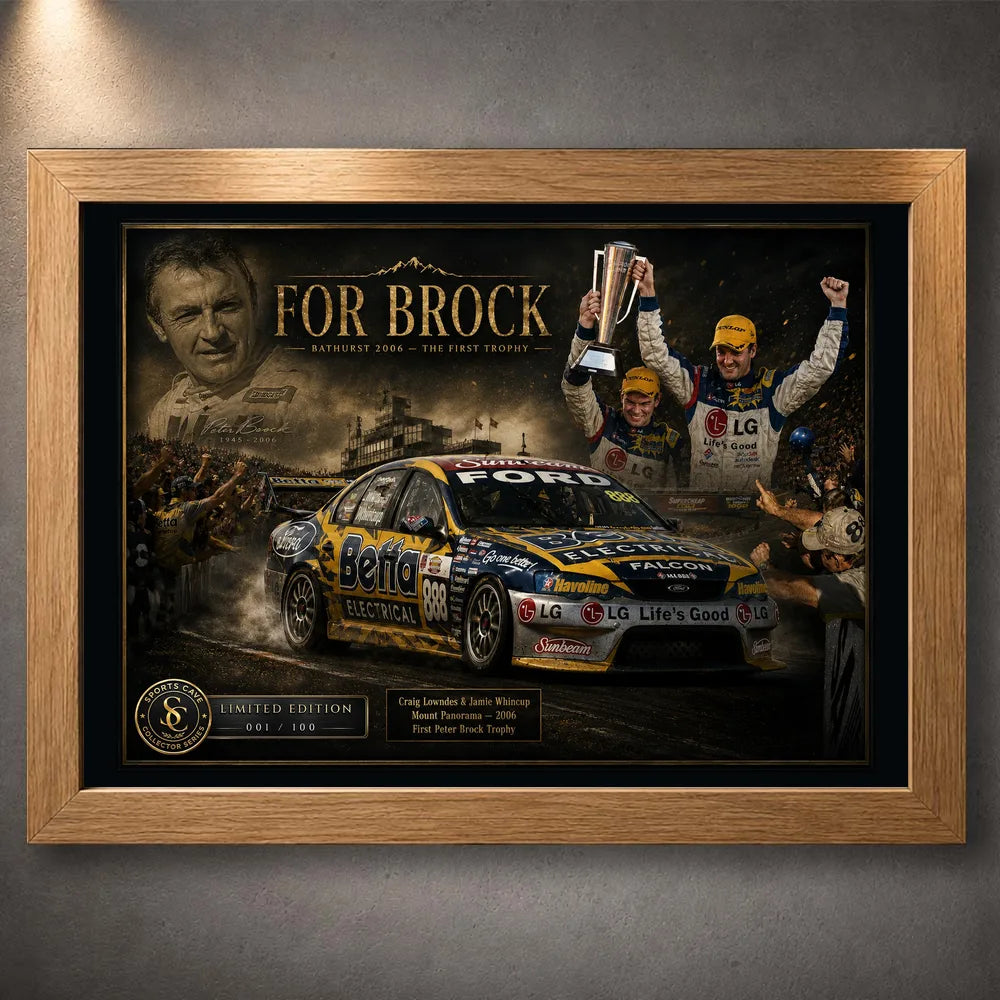 For Brock Bathurst 2006 oak framed sports wall art for Bathurst and old-school V8 motorsport fans.