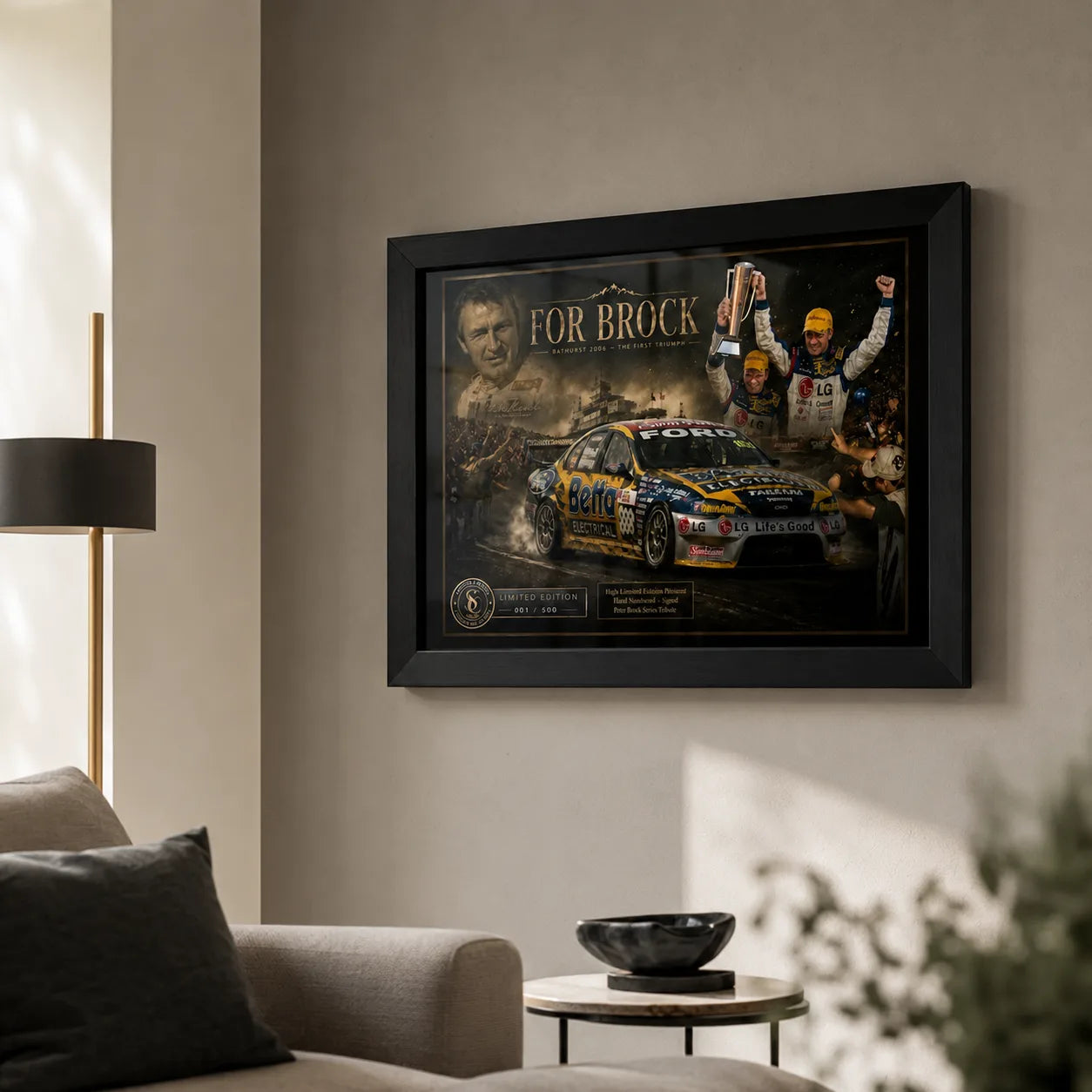 For Brock Bathurst 2006 wall art in a black frame on a premium living room wall for motorsport fans.
