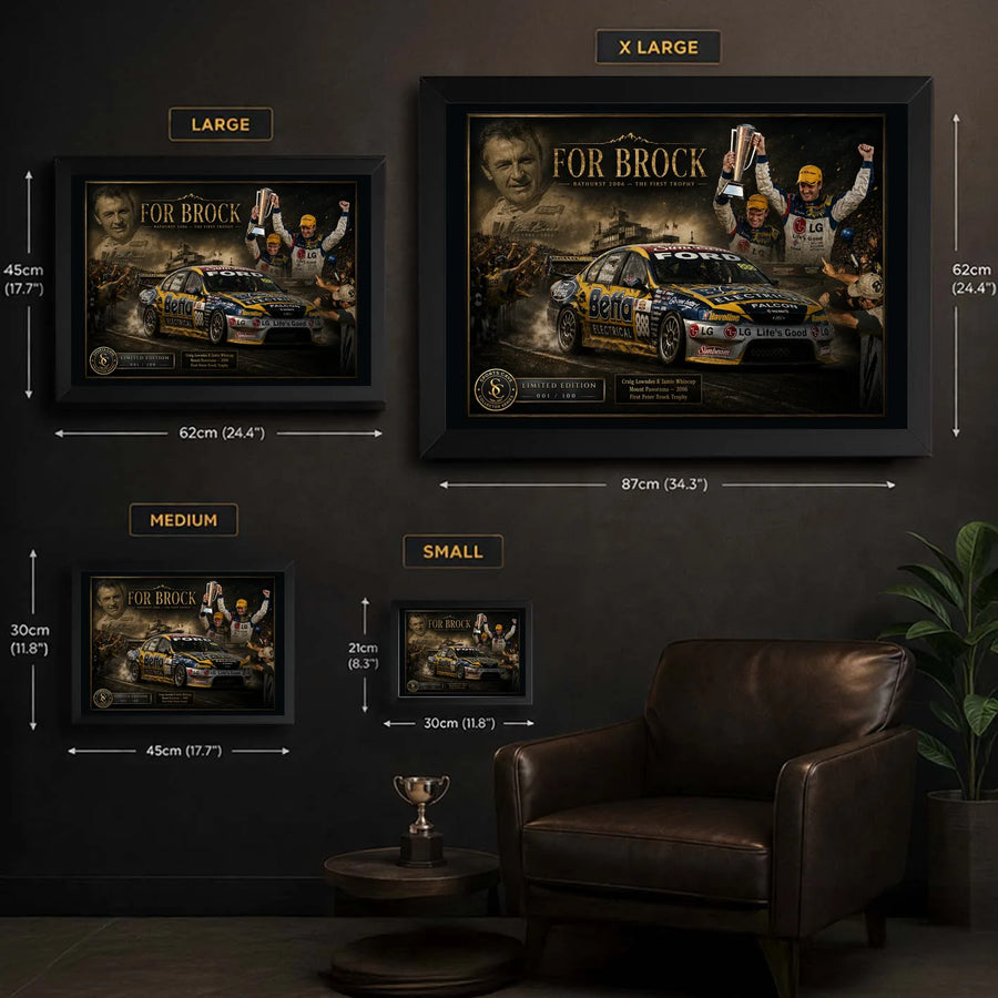For Brock Bathurst 2006 framed sports art sizing guide showing small to extra large wall display options.