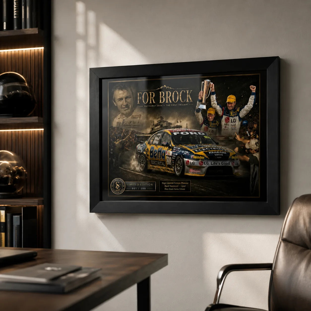 For Brock Bathurst 2006 sports wall art in a black frame styled in a premium office for Bathurst fans.