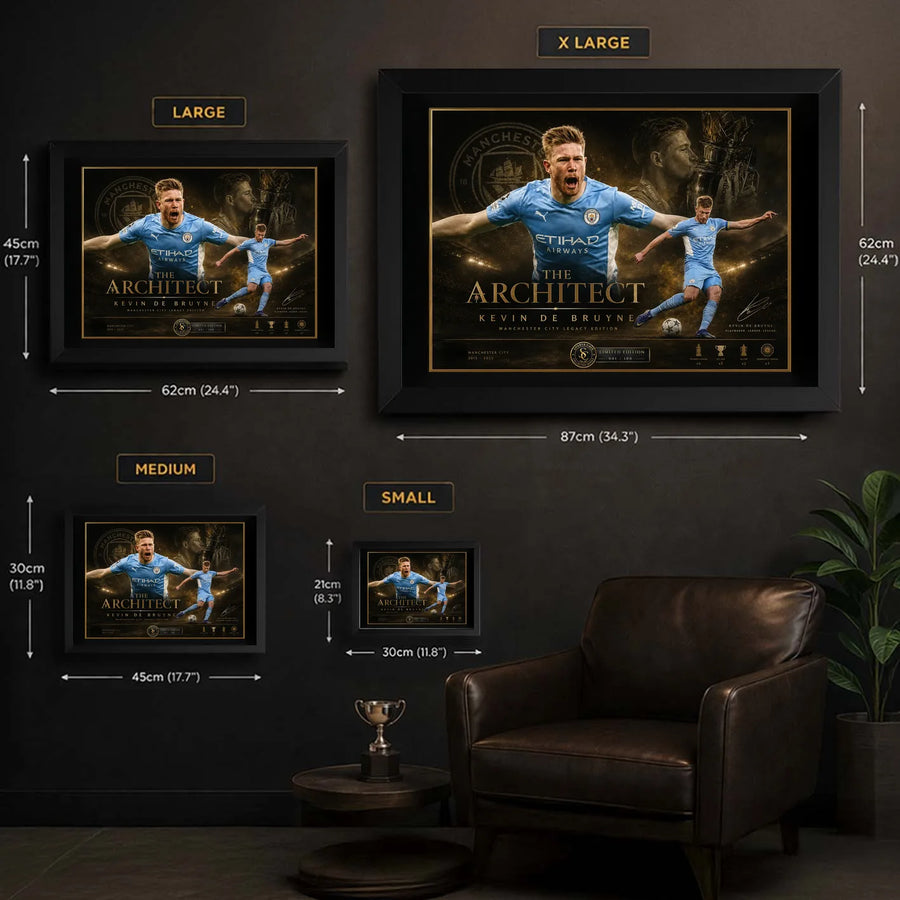 Kevin De Bruyne Manchester City soccer wall art size guide showing S, M, L and XL framed dimensions.