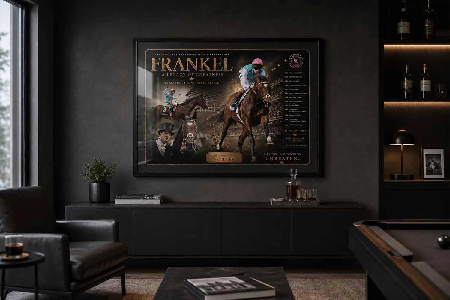 Frankel framed sports wall art displayed in a luxury man cave with premium sports collectibles styling.