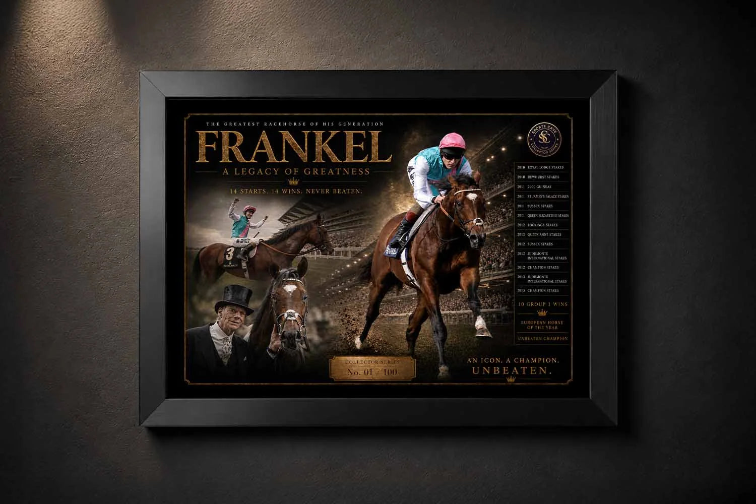Frankel horse racing framed sports wall art in black frame celebrating the unbeaten champion’s legendary career.